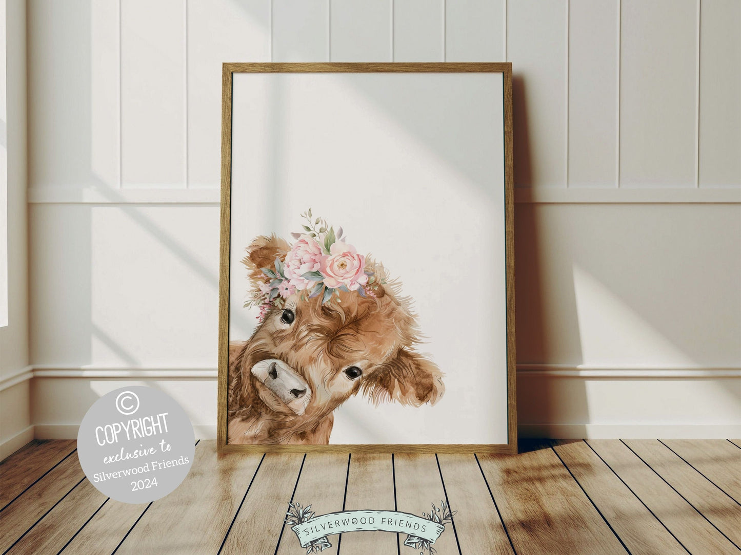 Our Peeking Highland Cow Nursery Print featuring adorable watercolor peeking baby highland cow with pink floral crowns, set on a white background and is perfect for your baby girls farm nursery decor or as a unique farm baby shower gift.