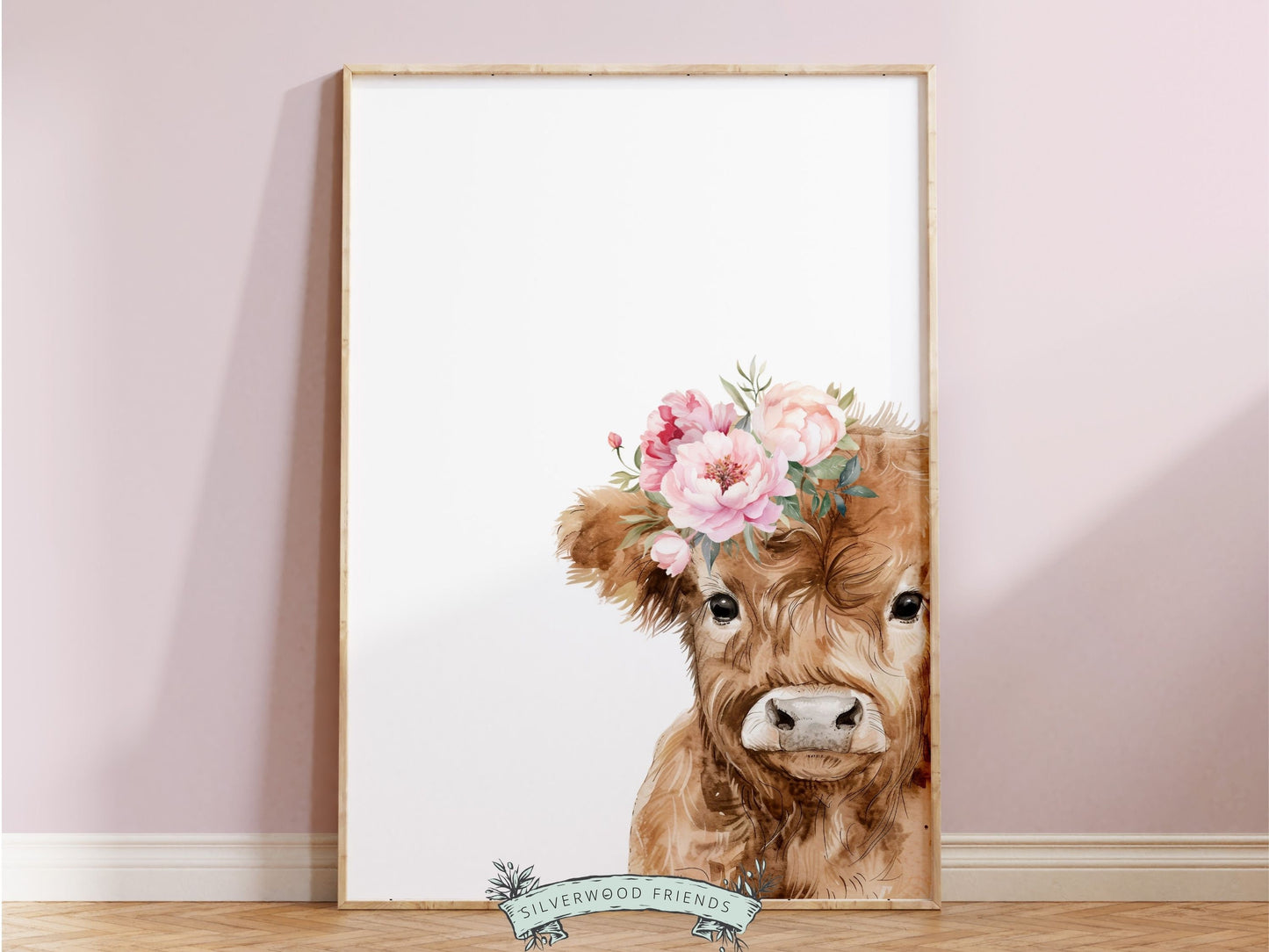 Peeking Highland Cow Nursery Print, Girl Highland Cow Nursery Decor, Baby Girl Watercolor Highland Cow Gift Farm Bedroom Decor Digital Print