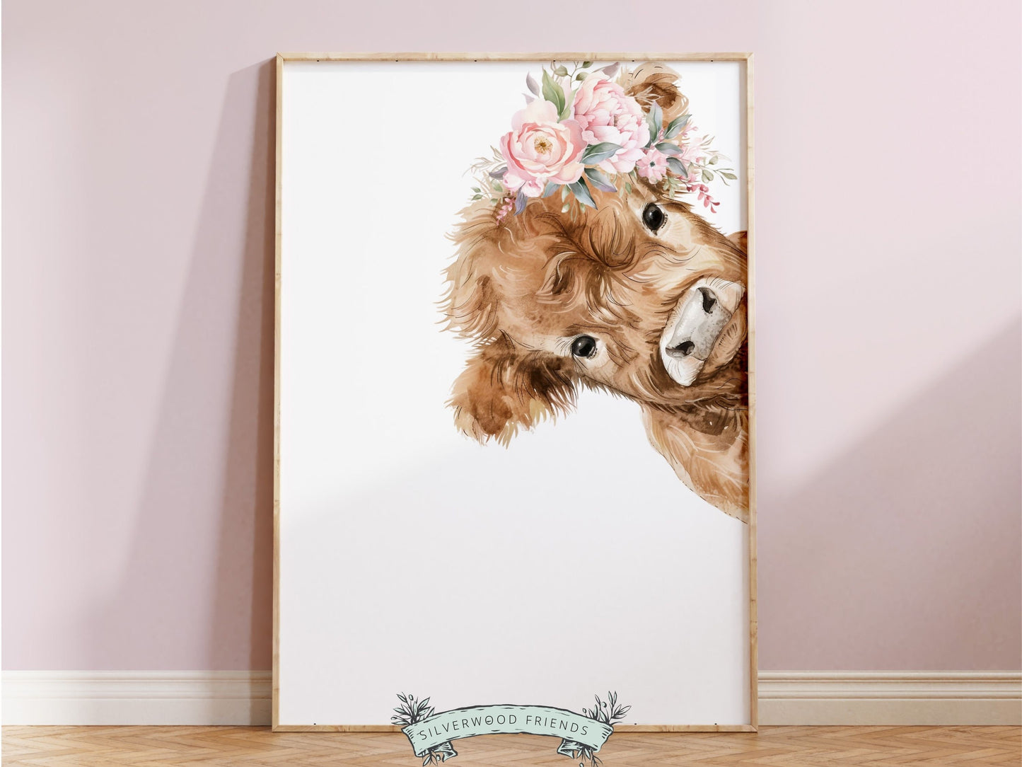 Peeking Highland Cow Nursery Print, Girl Highland Cow Nursery Decor, Baby Girl Watercolor Highland Cow Gift Farm Bedroom Decor Digital Print