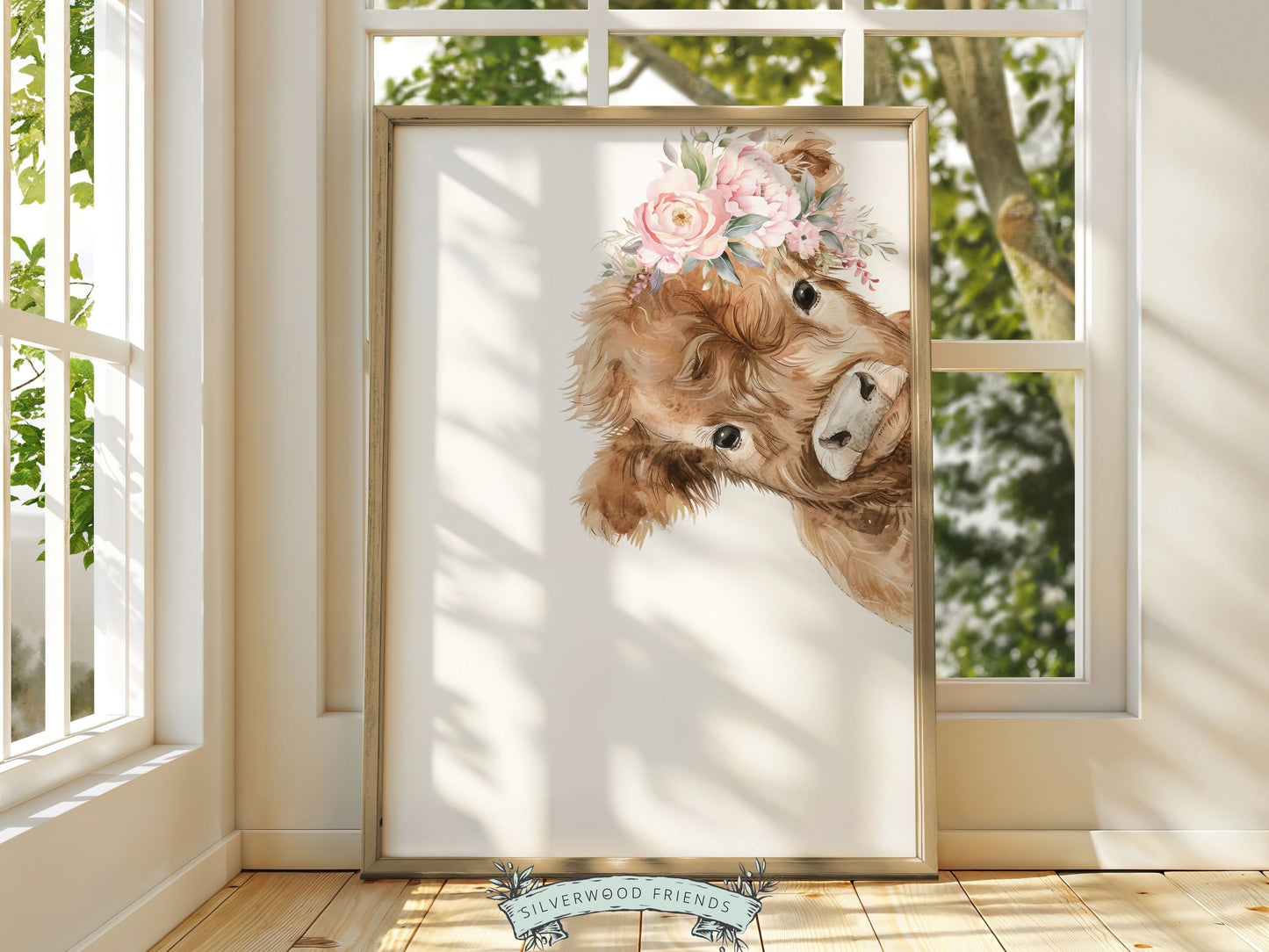 Peeking Highland Cow Nursery Print, Girl Highland Cow Nursery Decor, Baby Girl Watercolor Highland Cow Gift Farm Bedroom Decor Digital Print
