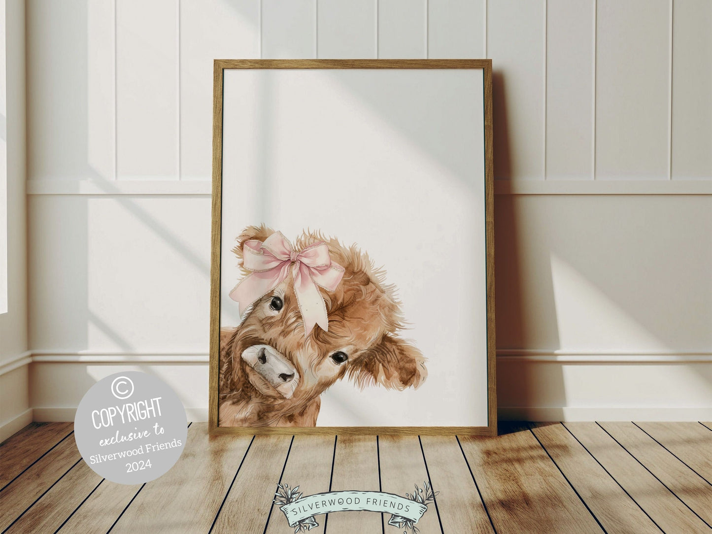 Peeking Highland Cow Nursery Print, Baby Girl Highland Cow Nursery Decor Gift, Baby Girl Farm Bedroom Pink Bow Wall Decor Digital Prints
