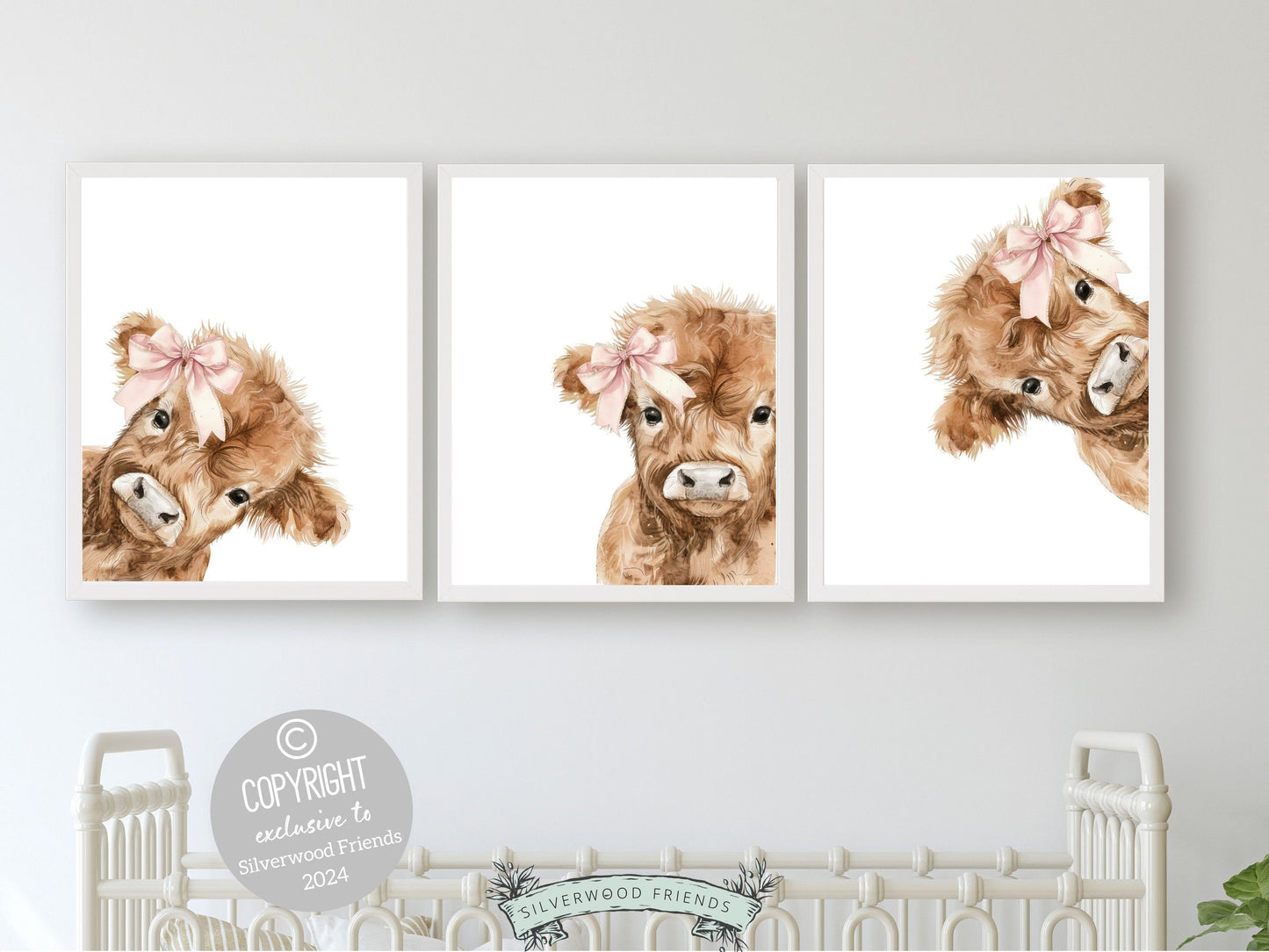 Peeking Highland Cow Nursery Print, Baby Girl Highland Cow Nursery Decor Gift, Baby Girl Farm Bedroom Pink Bow Wall Decor Digital Prints