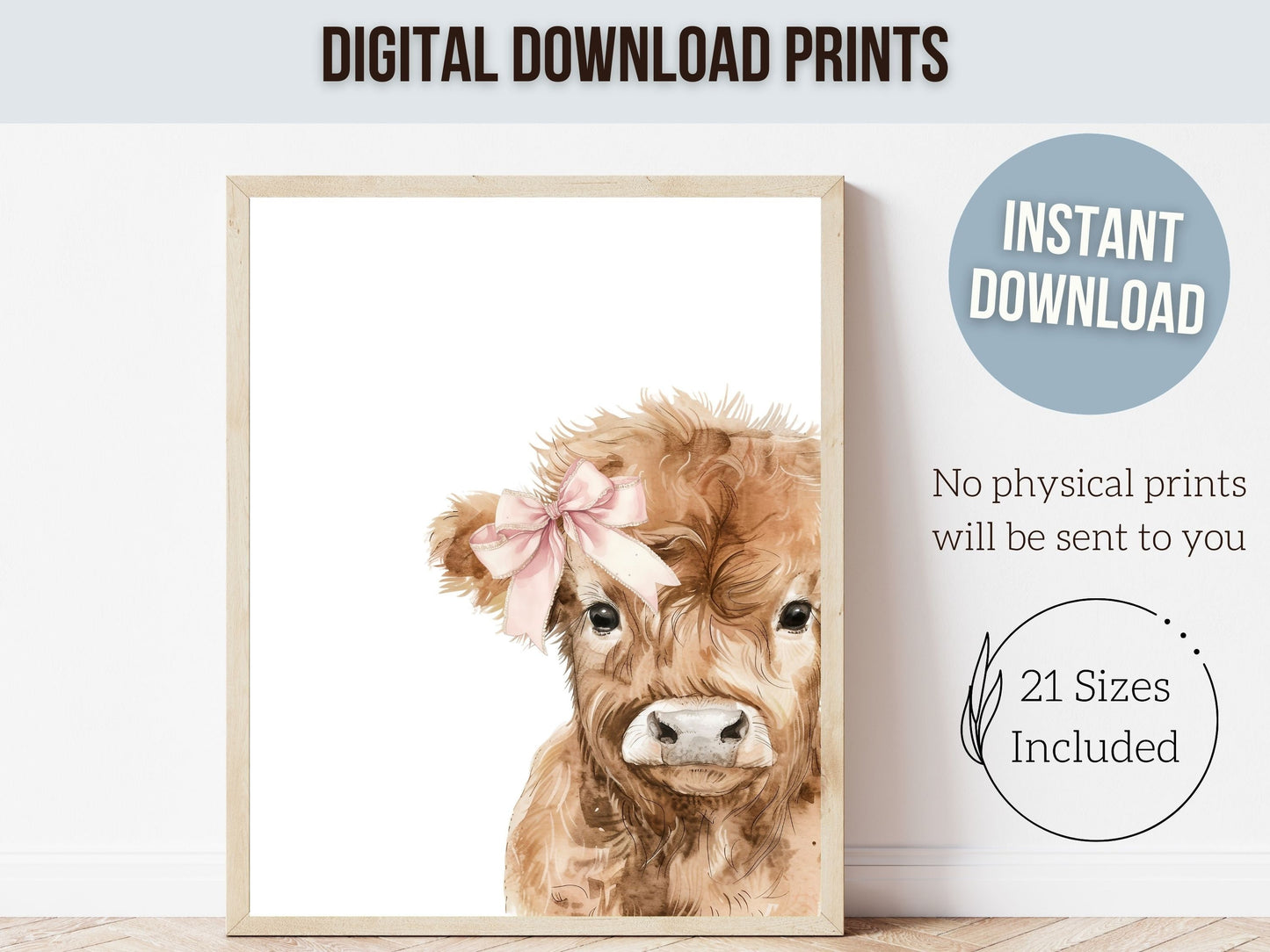 Peeking Highland Cow Nursery Print, Baby Girl Highland Cow Nursery Decor Gift, Baby Girl Farm Bedroom Pink Bow Wall Decor Digital Prints