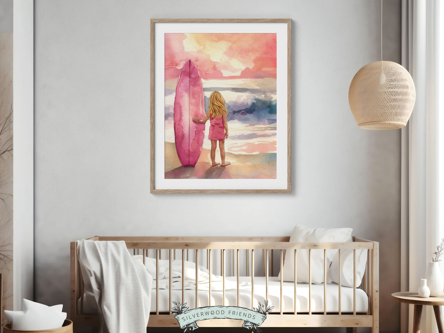 Girls Surf Nursery Print, Beachy Surfboard Wall Art, Girl Ocean Sunset Nursery Wall Art, Girly Beach House Surfing Room Decor Digital Print