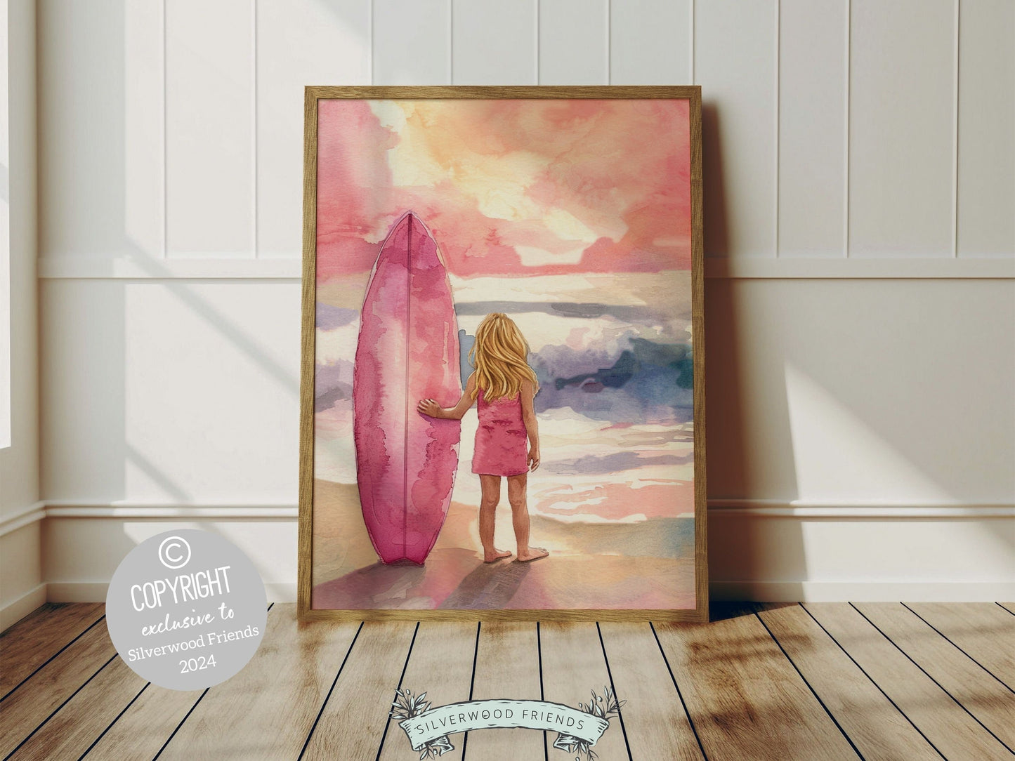 Little Girl's Surf Print, capturing a watercolor sunset and ocean scene and a little girl with her surfboard, perfect for your beach house or girls surfing room wall decor. Our print adds a serene coastal touch and makes a unique baby shower gift.