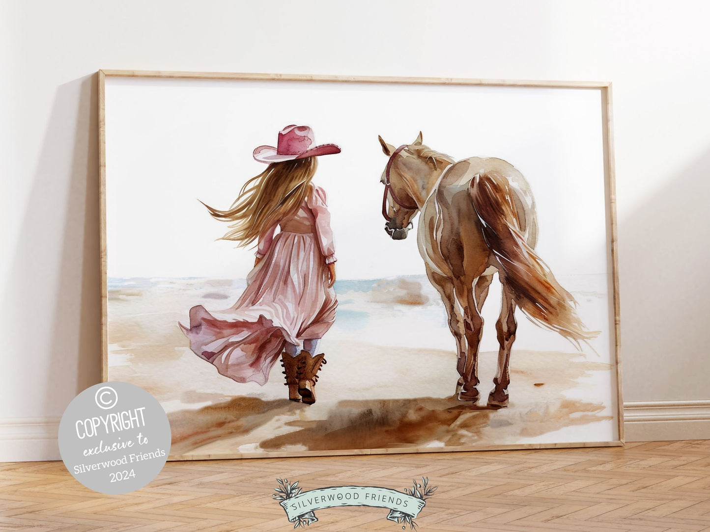 Watercolor digital print, depicting a cowgirl walking with her horse on the beach. Our charming digital print effortlessly enhances your cowgirl themed decor and makes a heartfelt gift for horse riding enthusiasts.