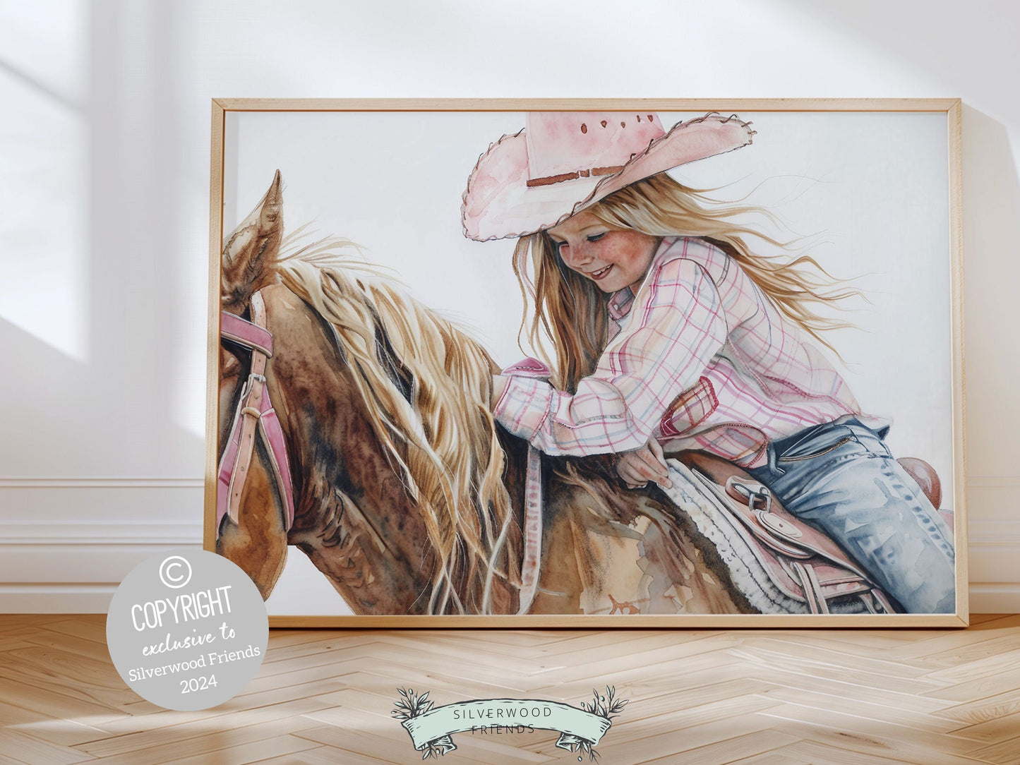 Watercolor print, depicting a cowgirl riding her horse. This charming artwork effortlessly enhances your cowgirl themed decor, perfect for your little ones space or as a heartfelt baby shower gift for horse riding enthusiasts.