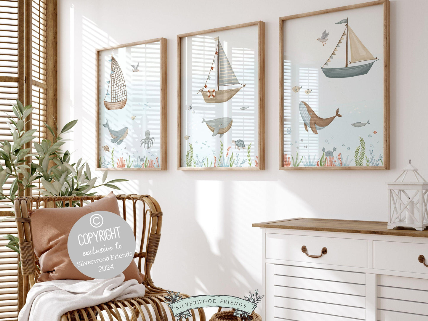 Set of 3 Ocean Nursery Prints, Nautical Ocean Nursery Decor, Whale Print, Baby Boy Boat Nursery, Under The Sea Animal Nursery Digital Prints