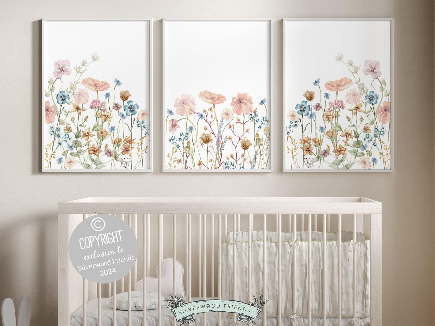 Our gorgeous Wildflower Nursery Print Set with watercolor pink and blue wildflower meadow flowers is perfect for your wildflower nursery decor or boho nursery and also makes a unique baby shower gift.