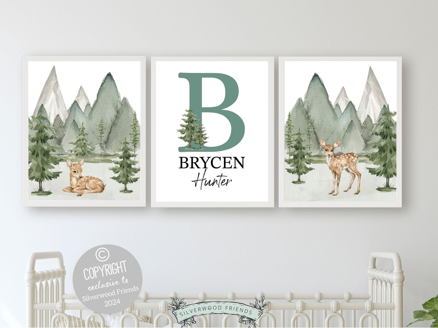 Woodland Forest Deer Nursery Print, Woodland Forest Deer Nursery Decor, Custom Baby Name Sign Personalised Mountain Nursery Digital Prints