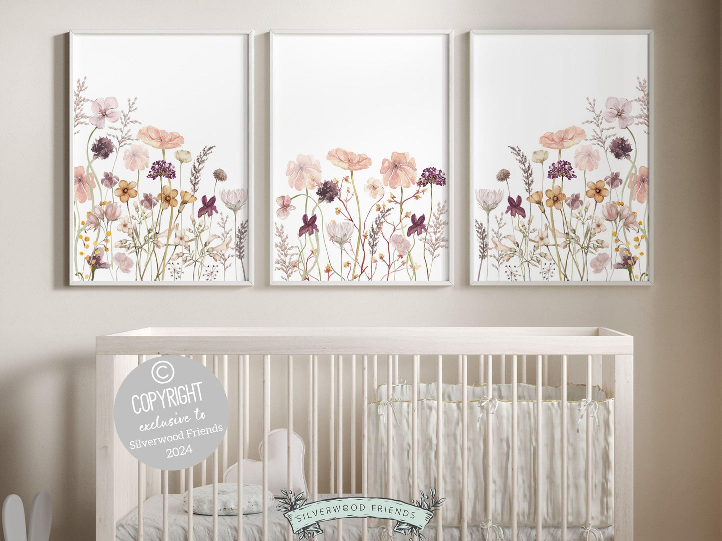 Our gorgeous Wildflower Nursery Print Set with watercolor pink and purple wildflower meadow flowers is perfect for your wildflower nursery decor or boho nursery and also makes a unique baby shower gift.