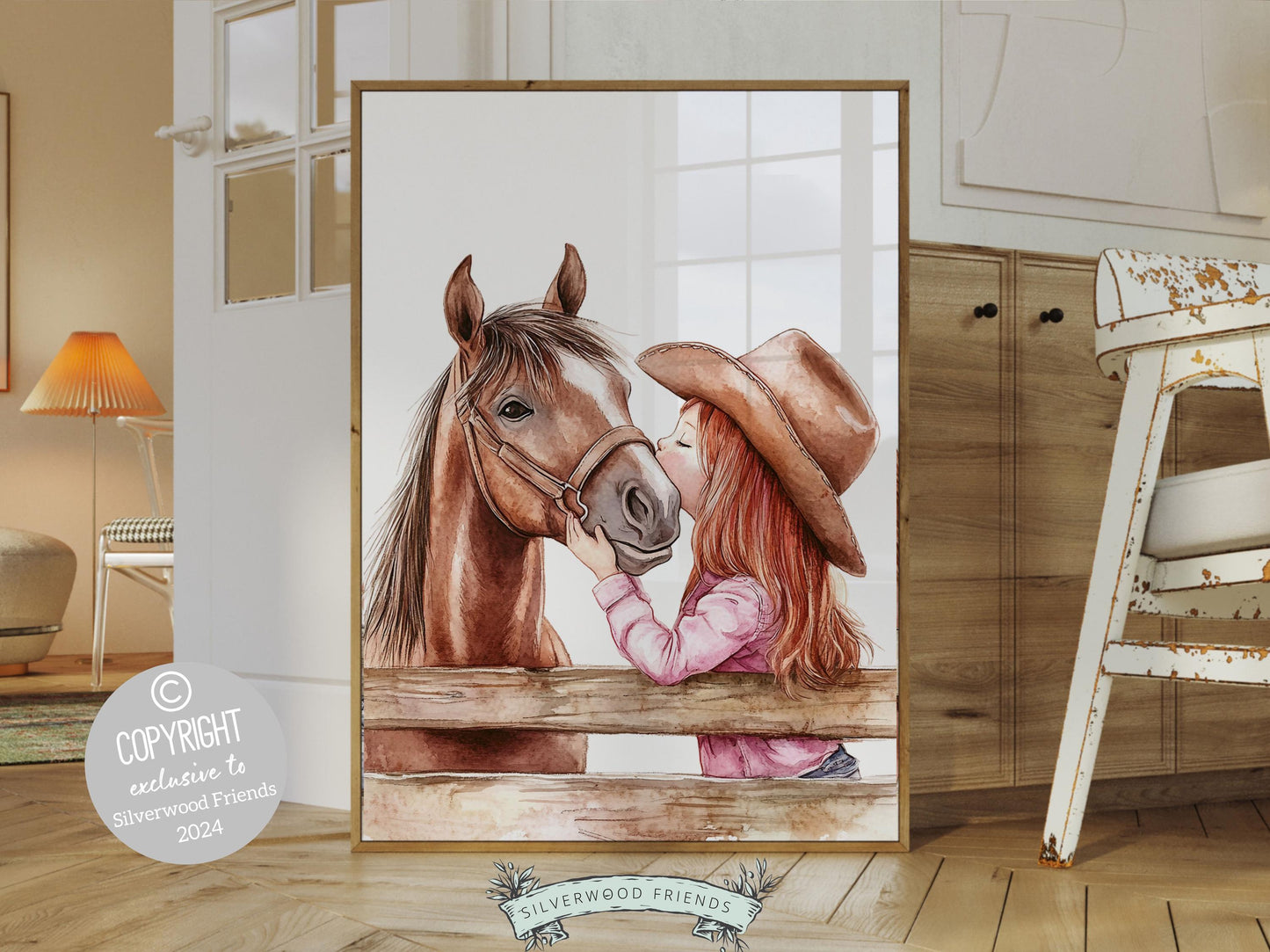 Digital print, depicting a red haired cowgirl kissing her beloved horse atop a paddock fence. This artwork enhances your cowgirl themed decor, perfect for your little ones space or as a heartfelt baby shower gift for horse riding enthusiasts.