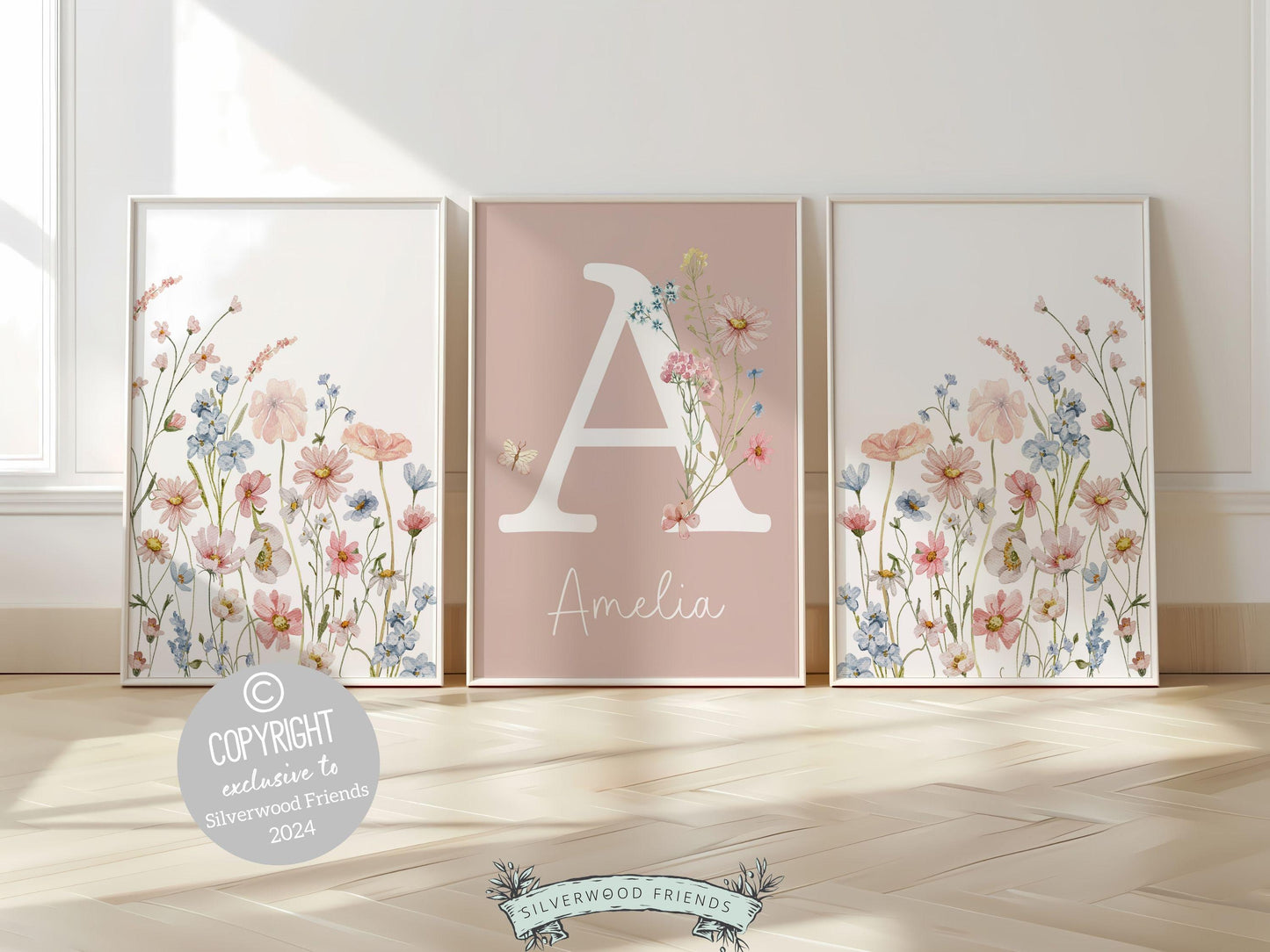 Wildflower Nursery Prints, Pink Blue Wildflower Nursery Decor Wall Art,Baby Girl Floral Nursery Prints Wild Flower Field Scape Digital Print