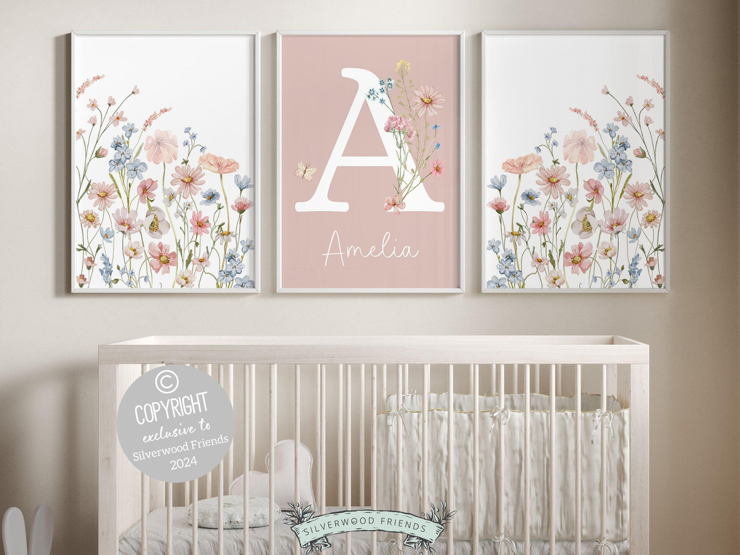 Wildflower Nursery Prints, Pink Blue Wildflower Nursery Decor Wall Art,Baby Girl Floral Nursery Prints Wild Flower Field Scape Digital Print