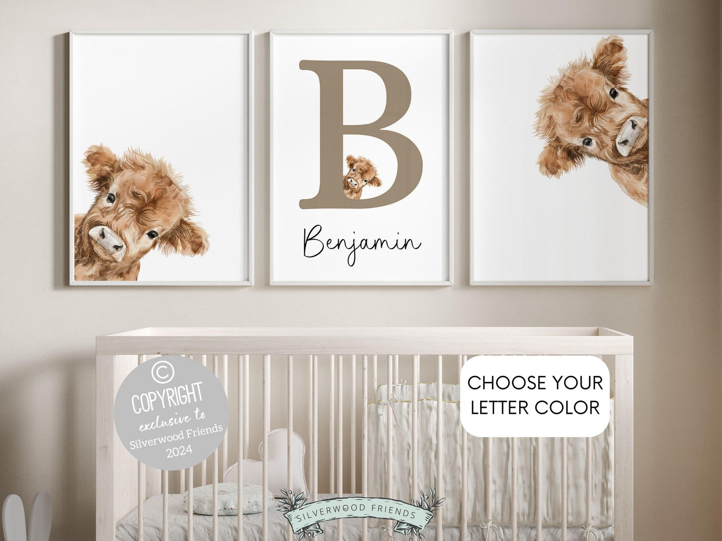 Our delightful minimalist Set of 3 Peeking Cow Custom Name Nursery Prints features adorable peeking cows with a custom letter and name in your choice of color.