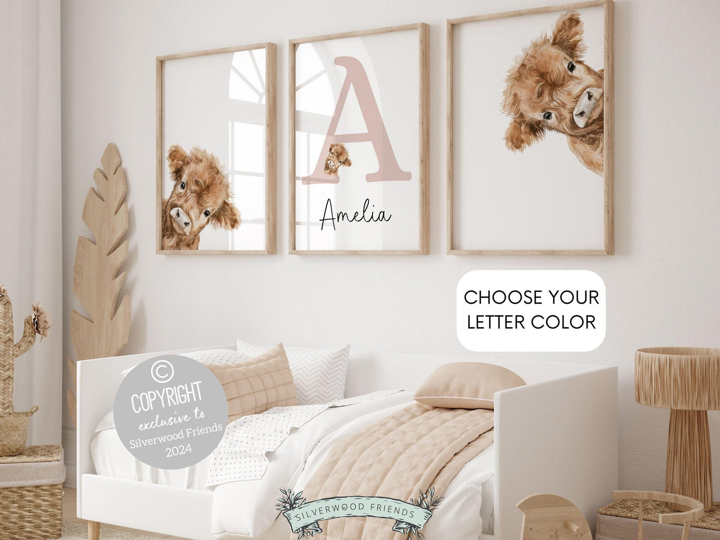 Our delightful minimalist Set of 3 Peeking Cow Custom Name Nursery Prints features adorable peeking cows with a custom letter and name in your choice of color.