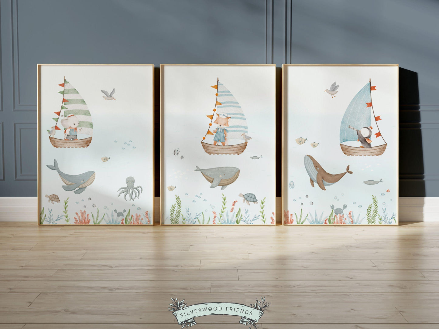 Set of 3 Ocean Nursery Prints, Nautical Ocean Nursery Decor, Whale Print, Baby Boy Ocean Theme Nursery Under The Sea Nursery Digital Prints