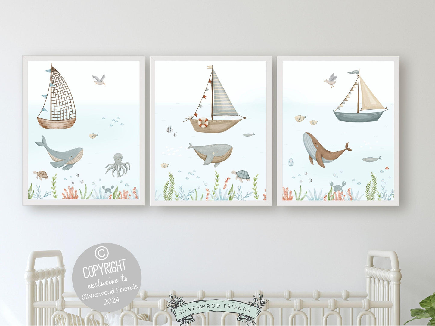 Set of 3 Ocean Nursery Prints, Nautical Ocean Nursery Decor, Whale Print, Baby Boy Boat Nursery, Under The Sea Animal Nursery Digital Prints