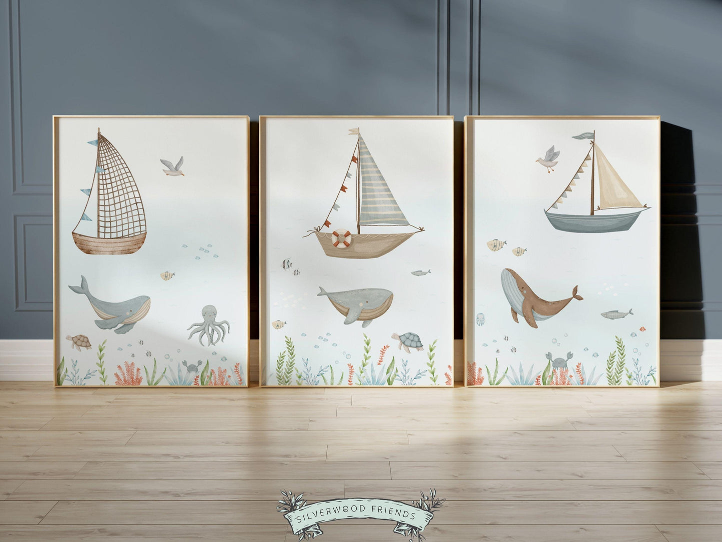 Set of 3 Ocean Nursery Prints, Nautical Ocean Nursery Decor, Whale Print, Baby Boy Boat Nursery, Under The Sea Animal Nursery Digital Prints