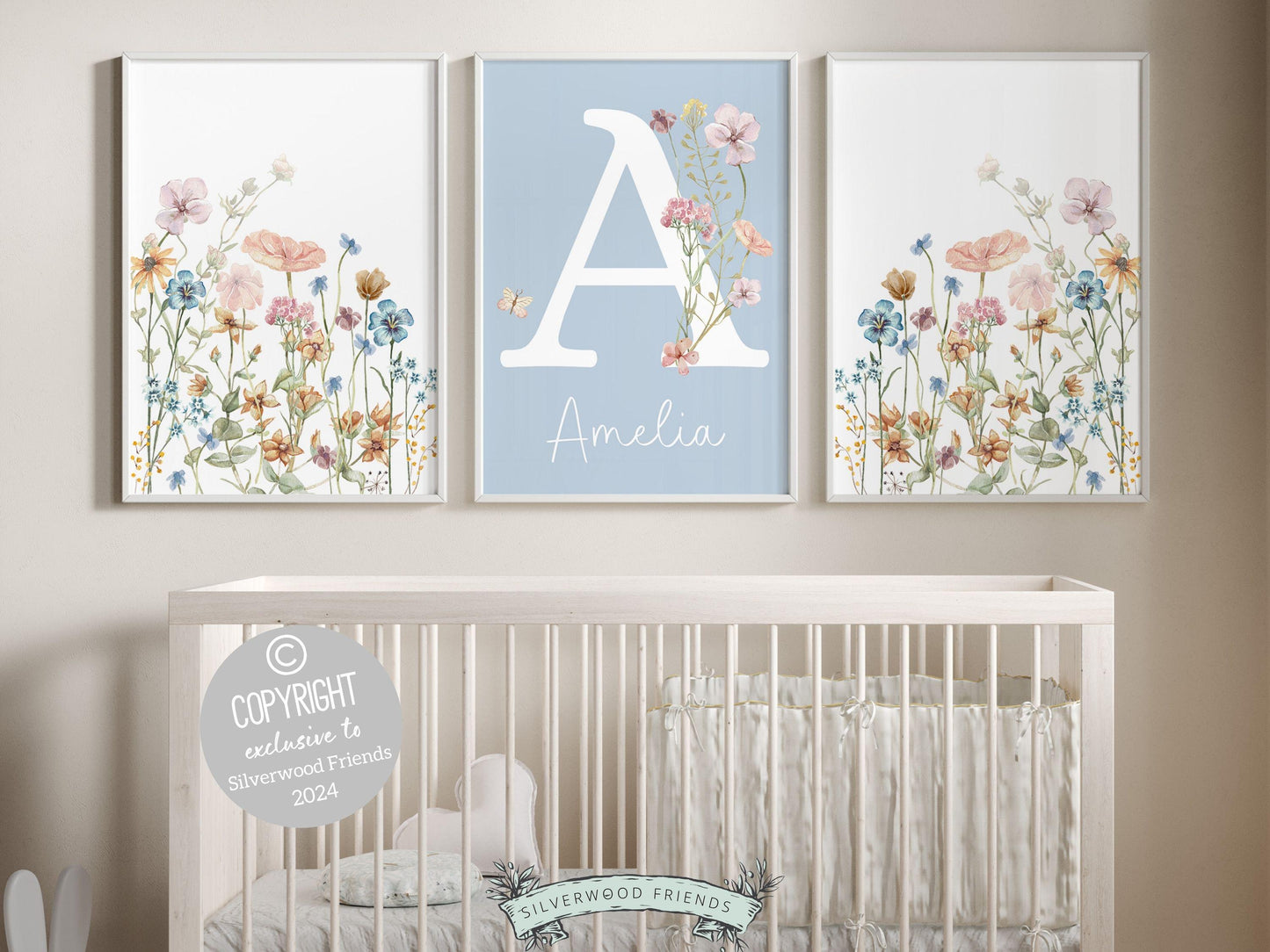 Wildflower Nursery Prints, Baby Girl Floral Name Nursery Wall Art, Wildflower Nursery Decor, Baby Girl Boho Wildflower Nursery Digital Print