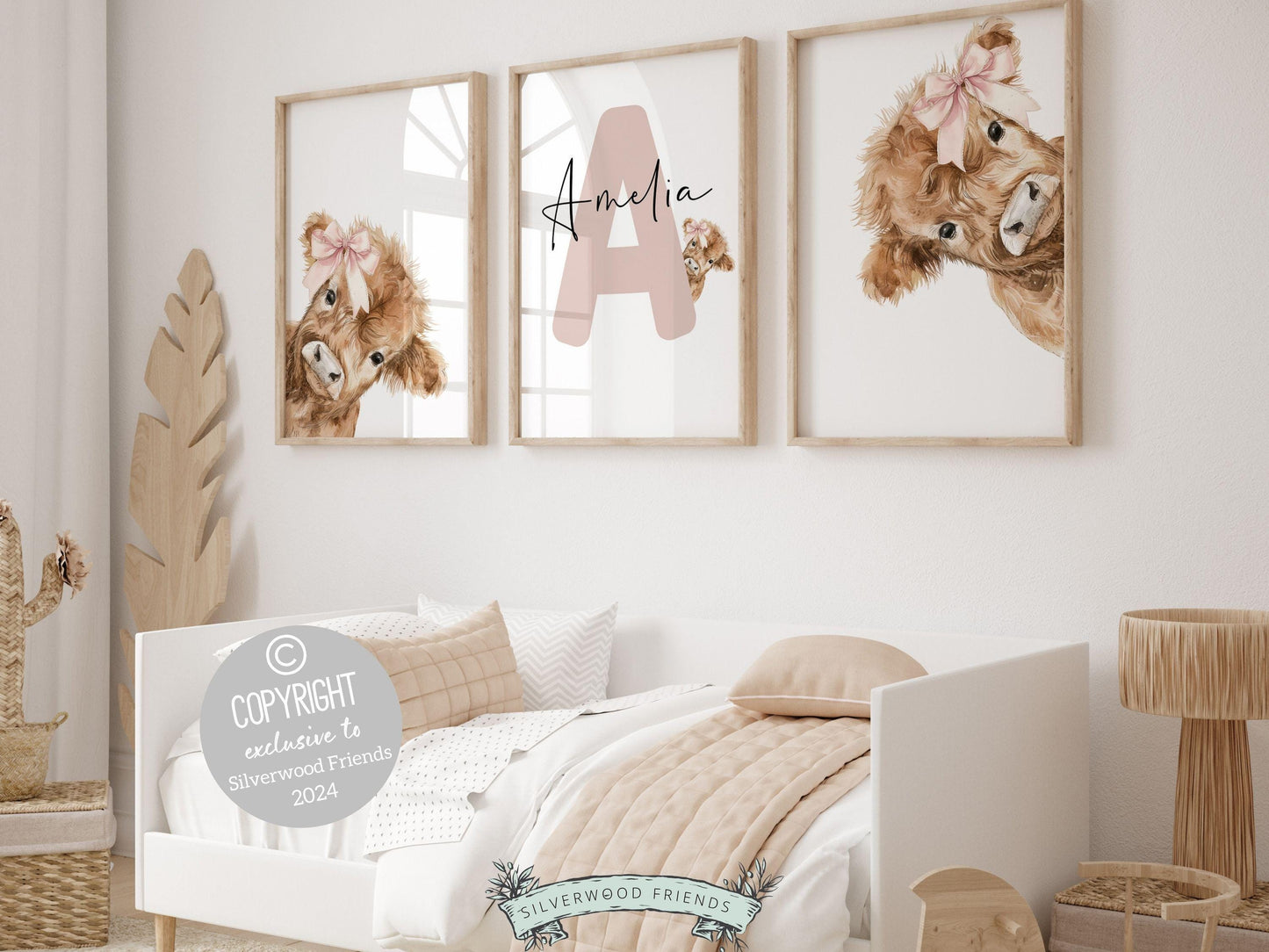 Set of 3 Peeking Cow Custom Name Nursery Prints features adorable peeking cows with pink bows and a custom letter and name. Its perfect for your baby girl's western nursery decor and makes a unique baby shower gift that will be adored.