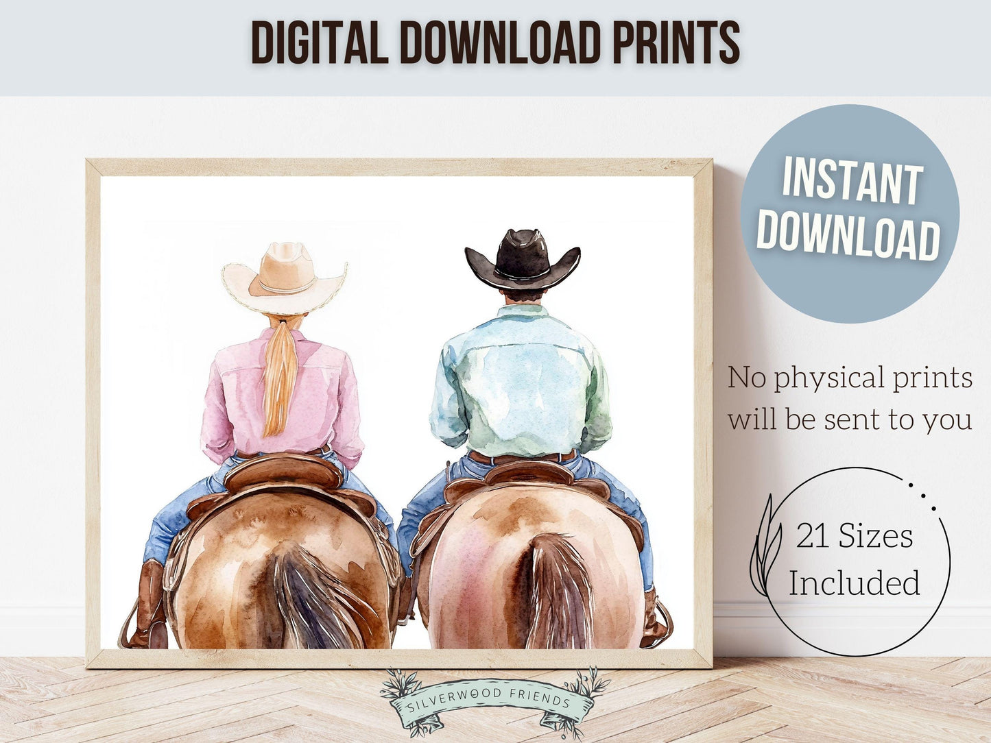 Couple Horse Portrait Print, Trendy Western Decor, Horse Riding Cowgirl College Dorm Room Wall Decor, Gift For Horse Lover Digital Print