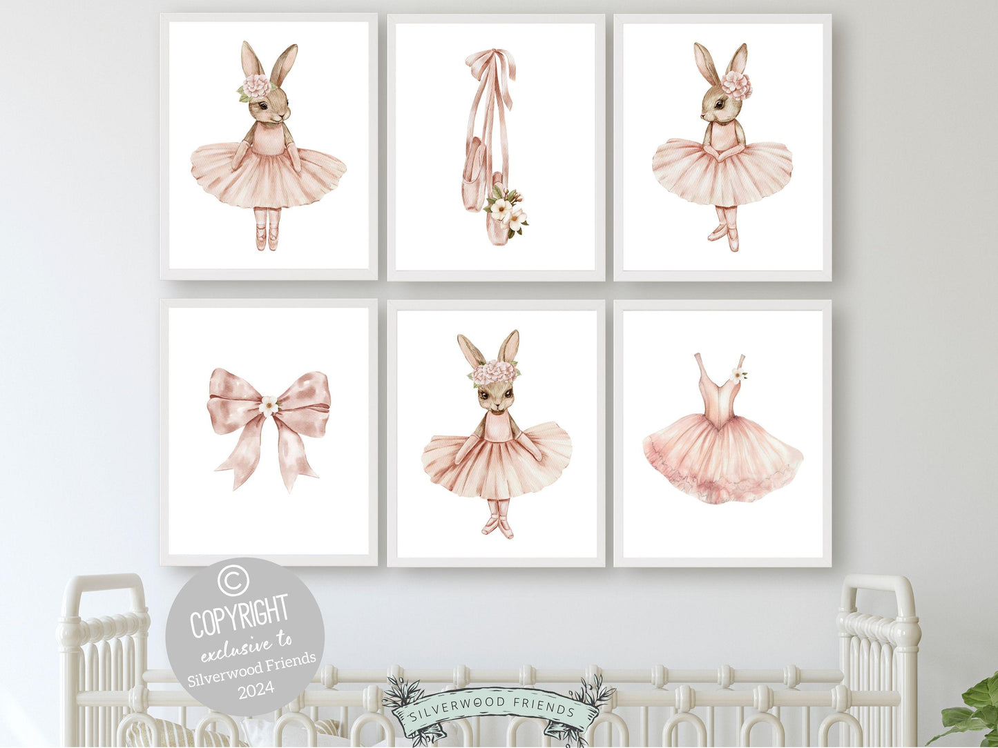 Set of 6 Ballerina Bunny Prints. Perfect for creating a whimsical ballet themed space, these adorable illustrations also make a thoughtful baby shower gift for a future tiny dancer.