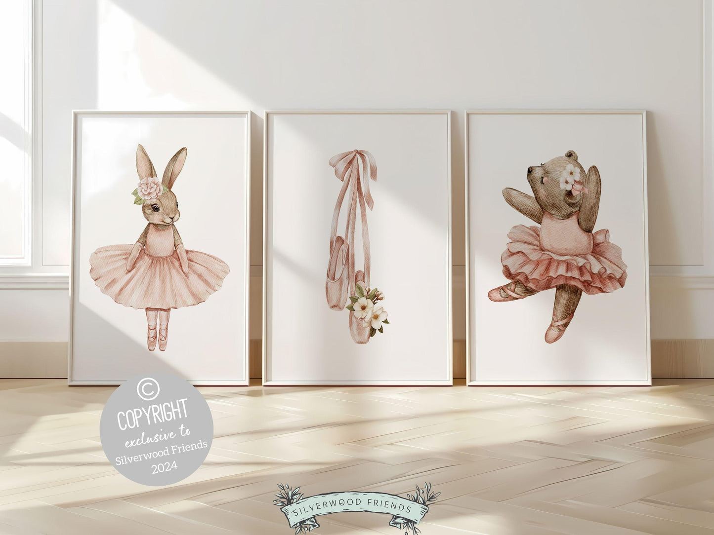 Girls Ballerina Nursery Prints, Baby Girl Ballerina Bear Bunny Nursery Decor, Ballerina Poster Nursery Wall Art,Ballet Bedroom Digital Print