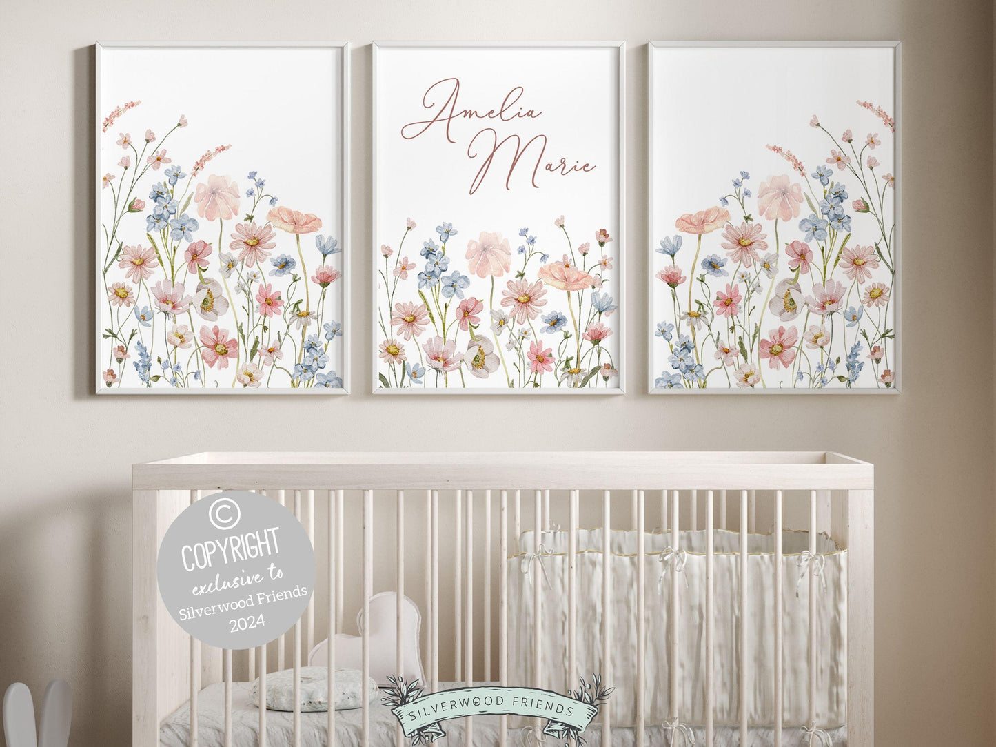Wildflower Nursery Wall Art, Pink Blue Wildflower Nursery Decor, Baby Girl Floral Wildflower Nursery Prints, Wild Flower Field Digital Print