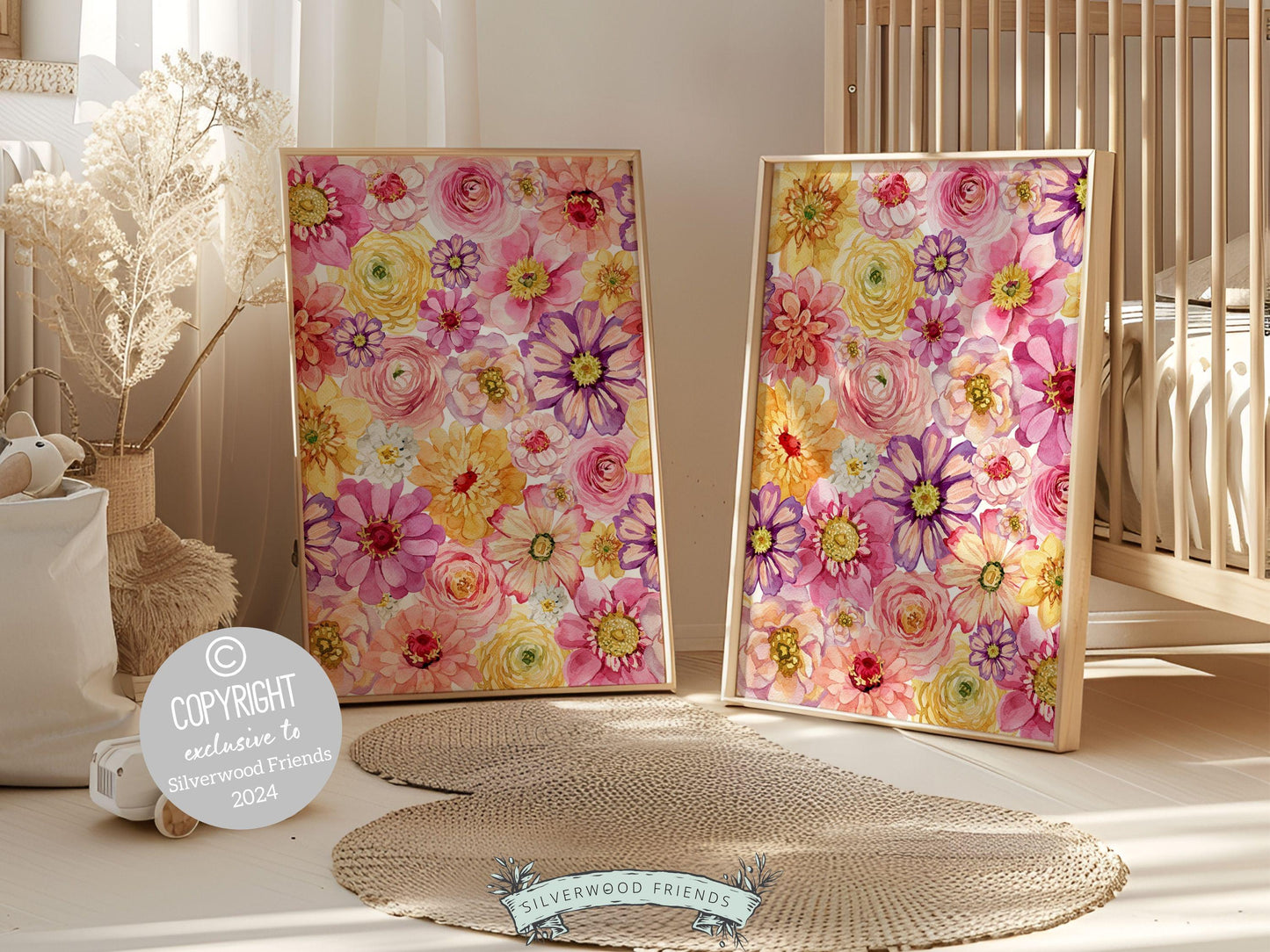 Our gorgeous Wildflower Nursery Print Set of 2 with watercolor pink, purple and yellow wildflower meadow flowers is perfect for your baby girls wildflower nursery decor and also makes a unique baby shower gift.