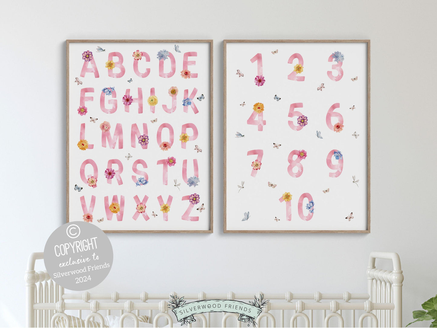 Wildflower Alphabet Number Print, Baby Girl Wildflower Nursery Decor, Baby Girl Pink Floral Room Decor, Woodland Forest Fairy Digital Print