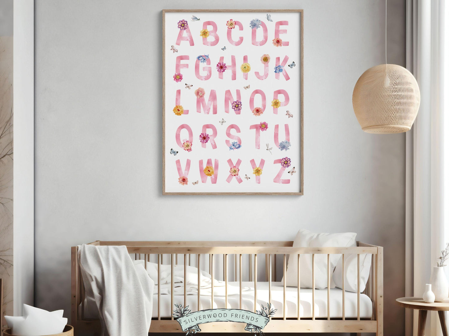Wildflower Alphabet ABC Print, Baby Girl Wildflower Nursery Decor, Baby Girl Pink Floral Room Decor, Woodland Fairy Butterfly Digital Print