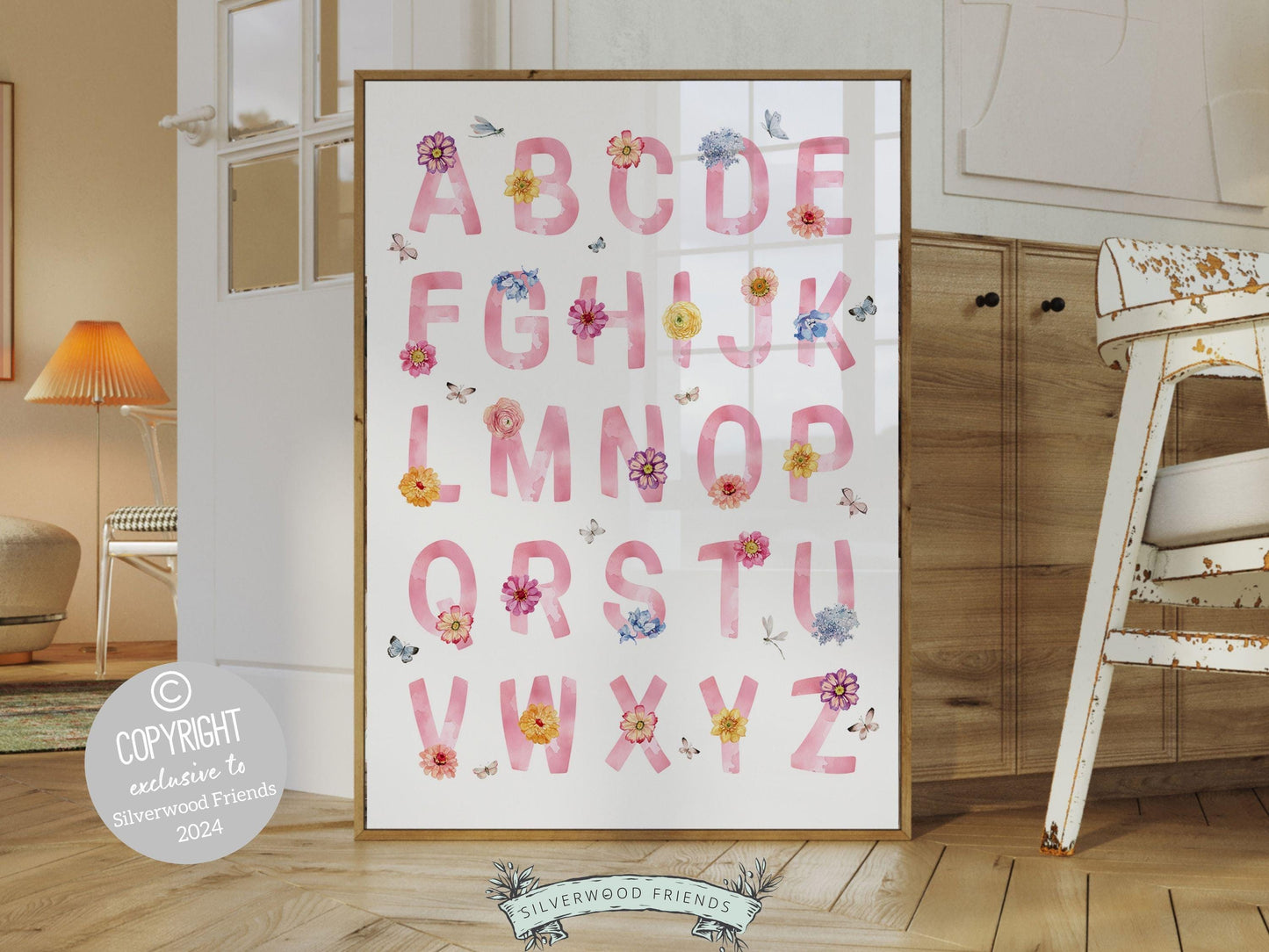 Wildflower Alphabet ABC Print, Baby Girl Wildflower Nursery Decor, Baby Girl Pink Floral Room Decor, Woodland Fairy Butterfly Digital Print
