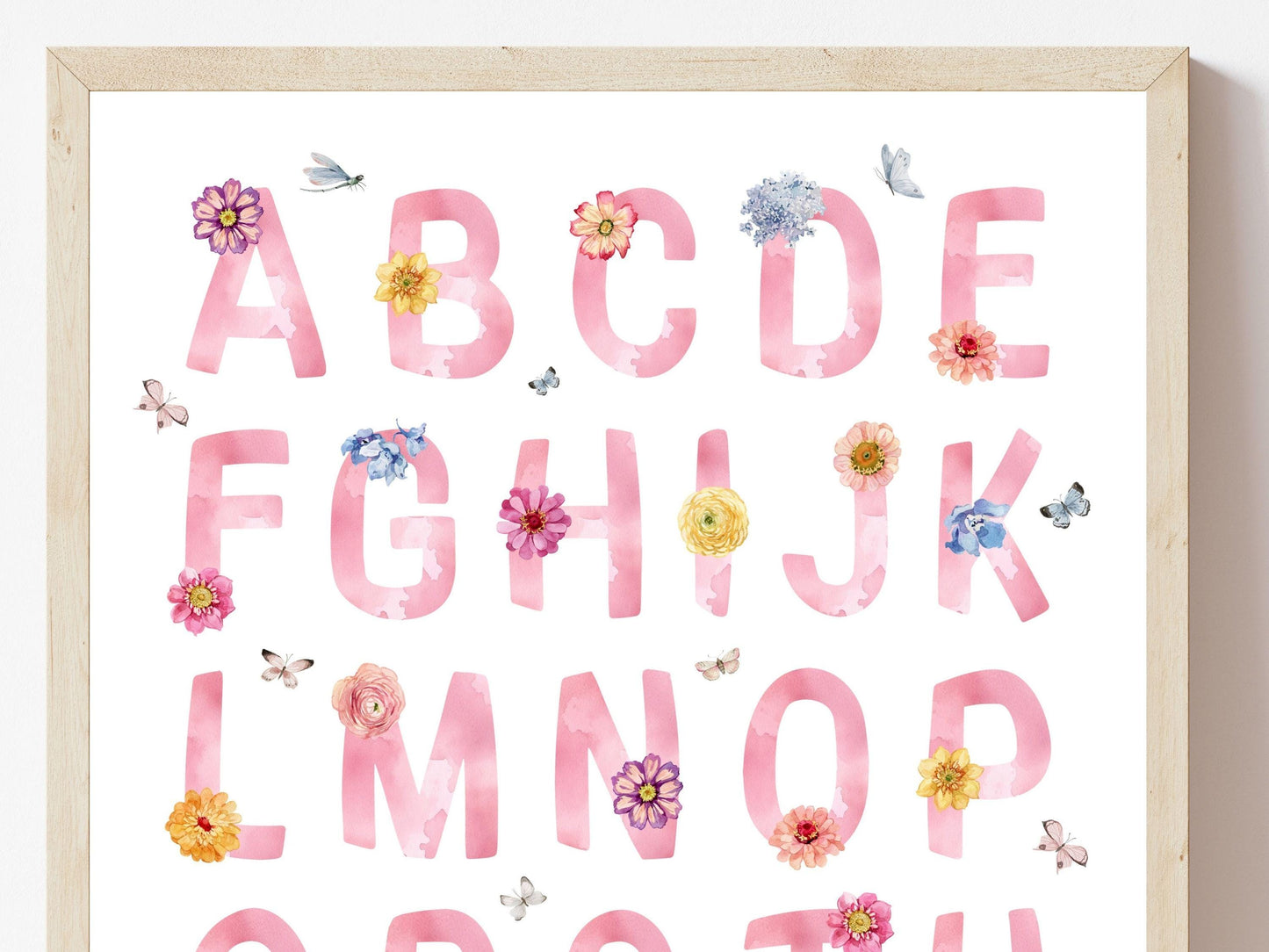 Wildflower Alphabet ABC Print, Baby Girl Wildflower Nursery Decor, Baby Girl Pink Floral Room Decor, Woodland Fairy Butterfly Digital Print