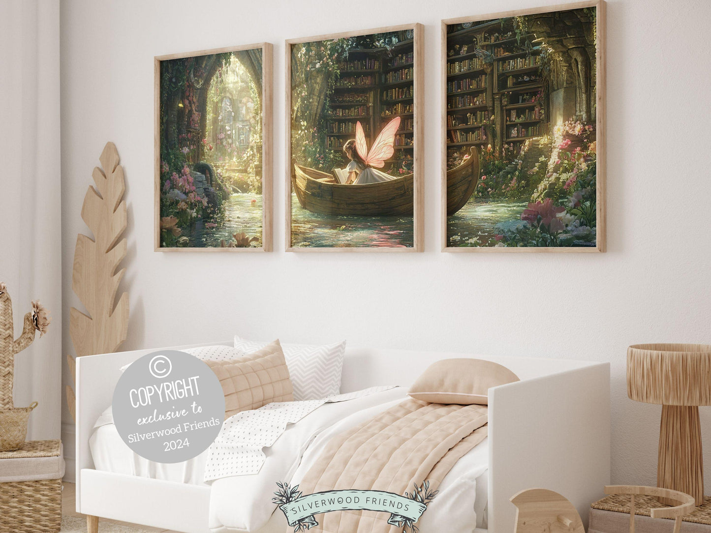 Fairy Nursery Prints featuring a fairy reading in a boat, surrounded by wildflowers, butterflies, and books, beautifully illustrated in a classic storybook style. Perfect for a whimsical touch to your little ones nursery or fairycore room decor.