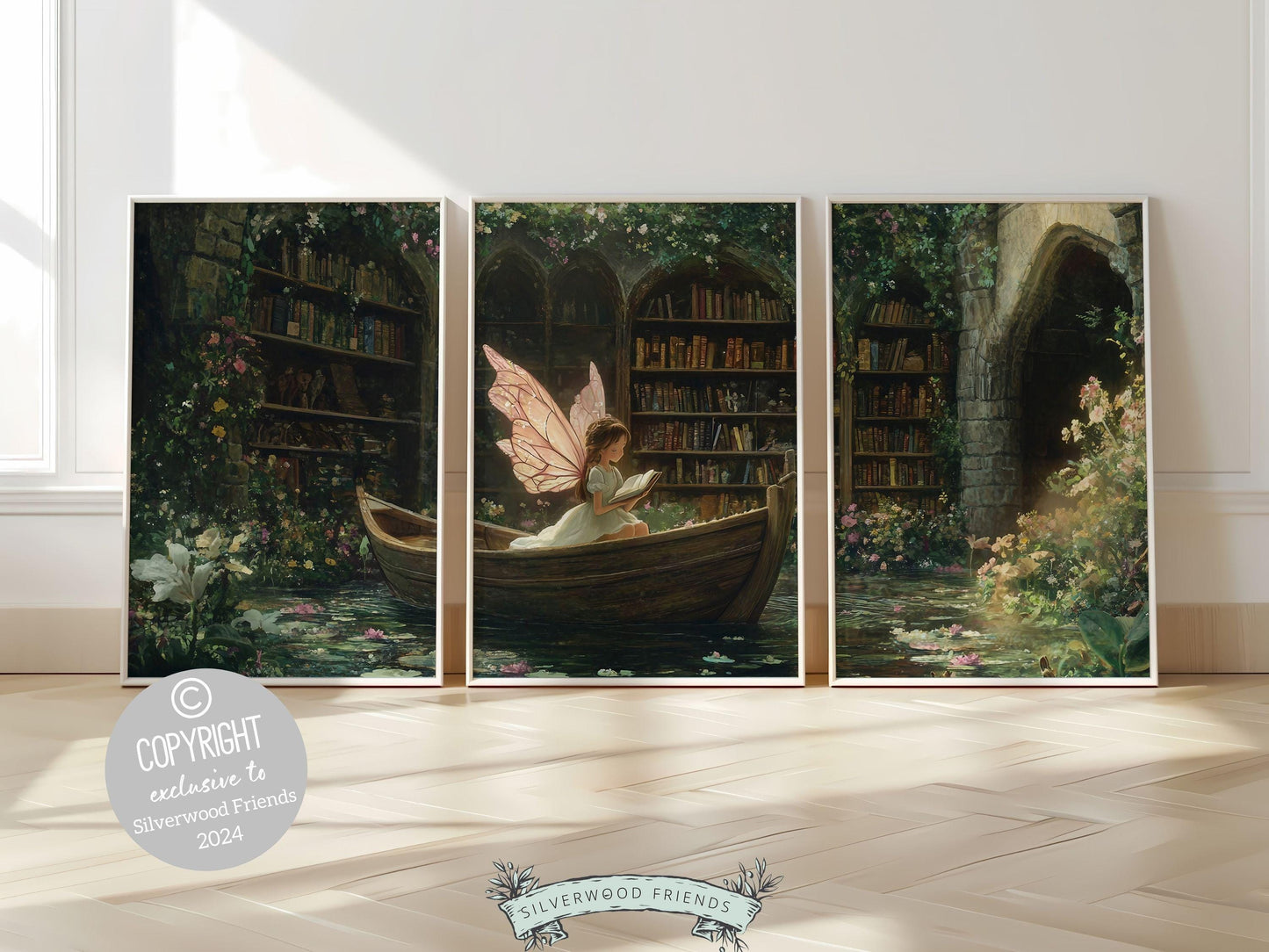 Fairy Nursery Prints Set of 3 featuring a whimsical fairy reading a book in a boat, surrounded by wildflowers and books, all beautifully illustrated in a classic storybook style.