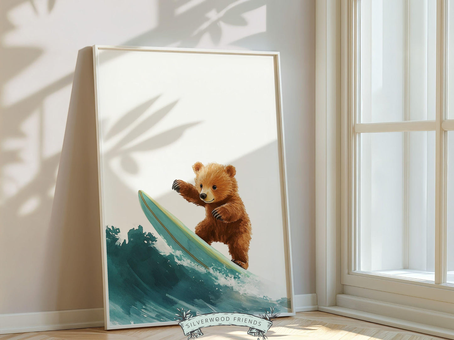 Bear Surfing Nursery Print, Coastal Beach House Surf Nursery Decor, Surfing Animal Nursery Wall Art, Kids Surf Room Wall Decor Digital Print