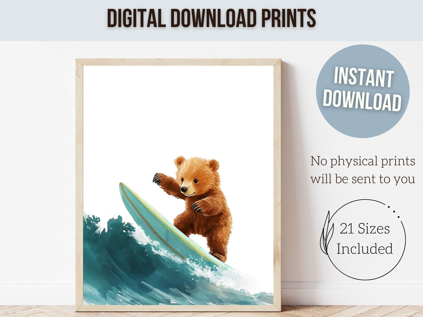 Bear Surfing Nursery Print, Coastal Beach House Surf Nursery Decor, Surfing Animal Nursery Wall Art, Kids Surf Room Wall Decor Digital Print