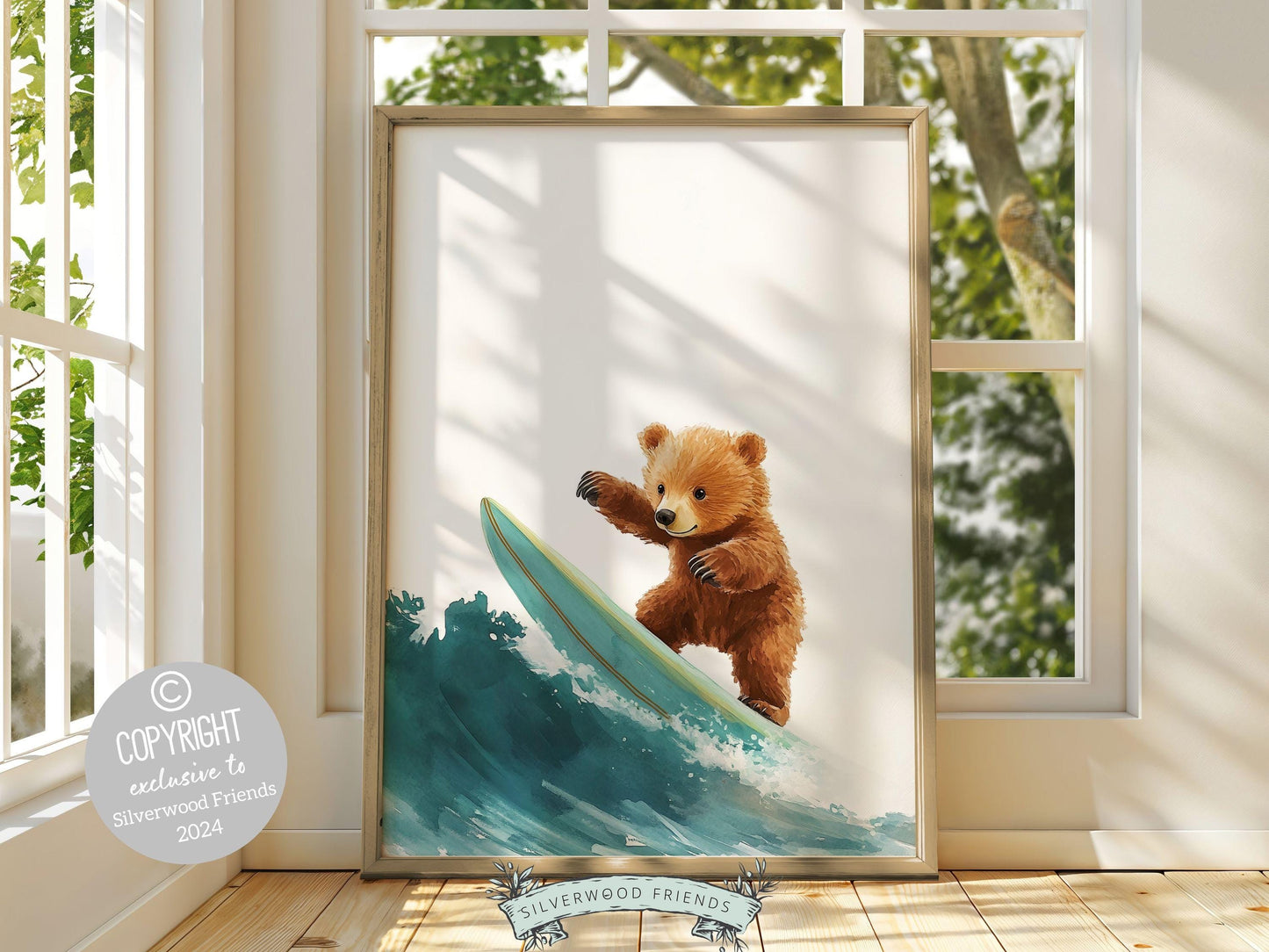 Bear Surfing Nursery Print, Coastal Beach House Surf Nursery Decor, Surfing Animal Nursery Wall Art, Kids Surf Room Wall Decor Digital Print
