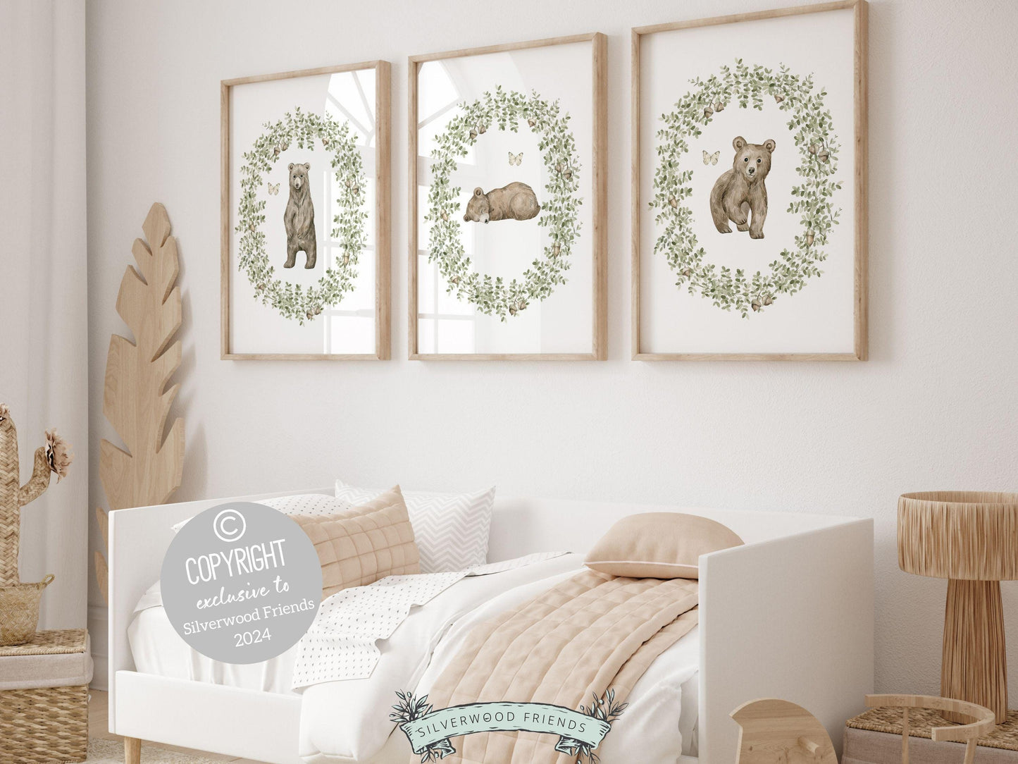 Our delightful Set of 3 Bear Nursery Prints features adorable baby brown bears with green wreaths and butterflies. Perfect for your baby boys bear nursery decor or woodland nursery decor and also makes a unique baby shower gift.
