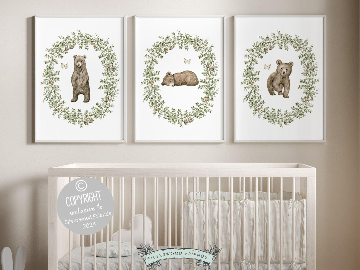 Baby Bear Nursery Prints, Boys Sage Green Woodland Bear Nursery Decor, Teddy Bear Nursery Wall Art, Woodland Neutral Nursery Digital Print