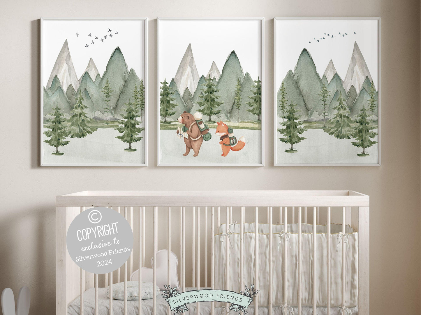 Our adorable baby bear and fox hiking nursery prints are the perfect addition to your babys woodland camping nursery decor and also make a lovely woodland baby shower gift.