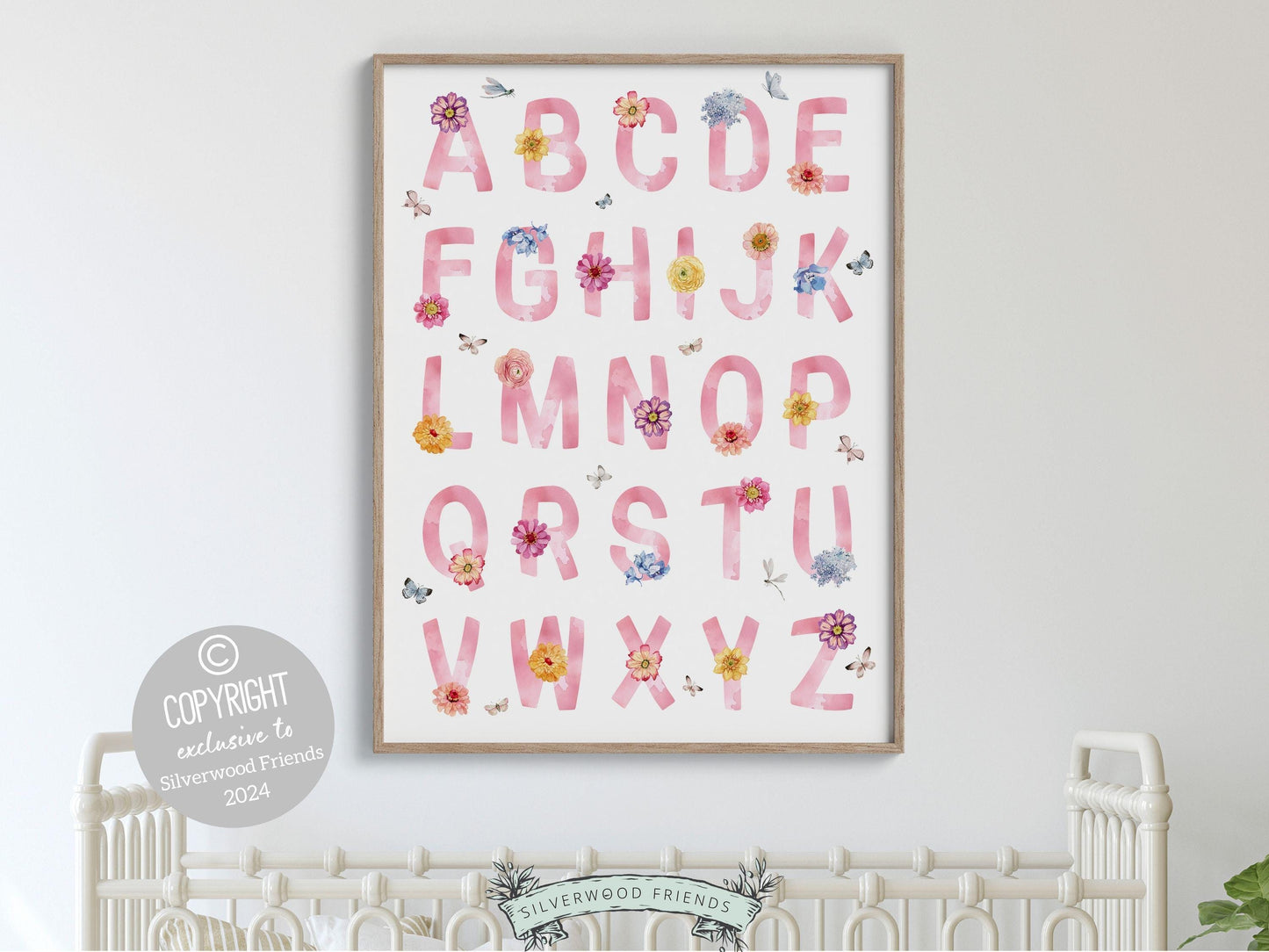 Enhance your baby girls nursery with our charming wildflower alphabet print. Adorned with delicate watercolor wildflowers and butterflies, this print offers an engaging and educational touch for young learners.