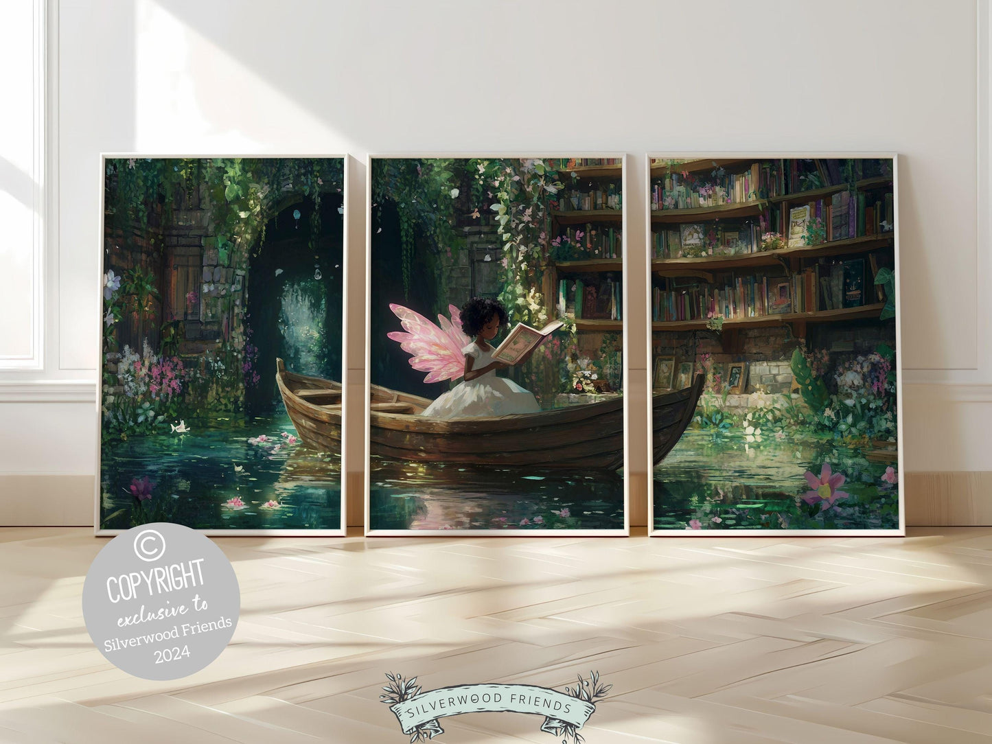 Fairy Nursery Prints Set of 3 features an African American fairy reading a book in a boat, surrounded by wildflowers, butterflies, and books, beautifully illustrated in a classic storybook style.