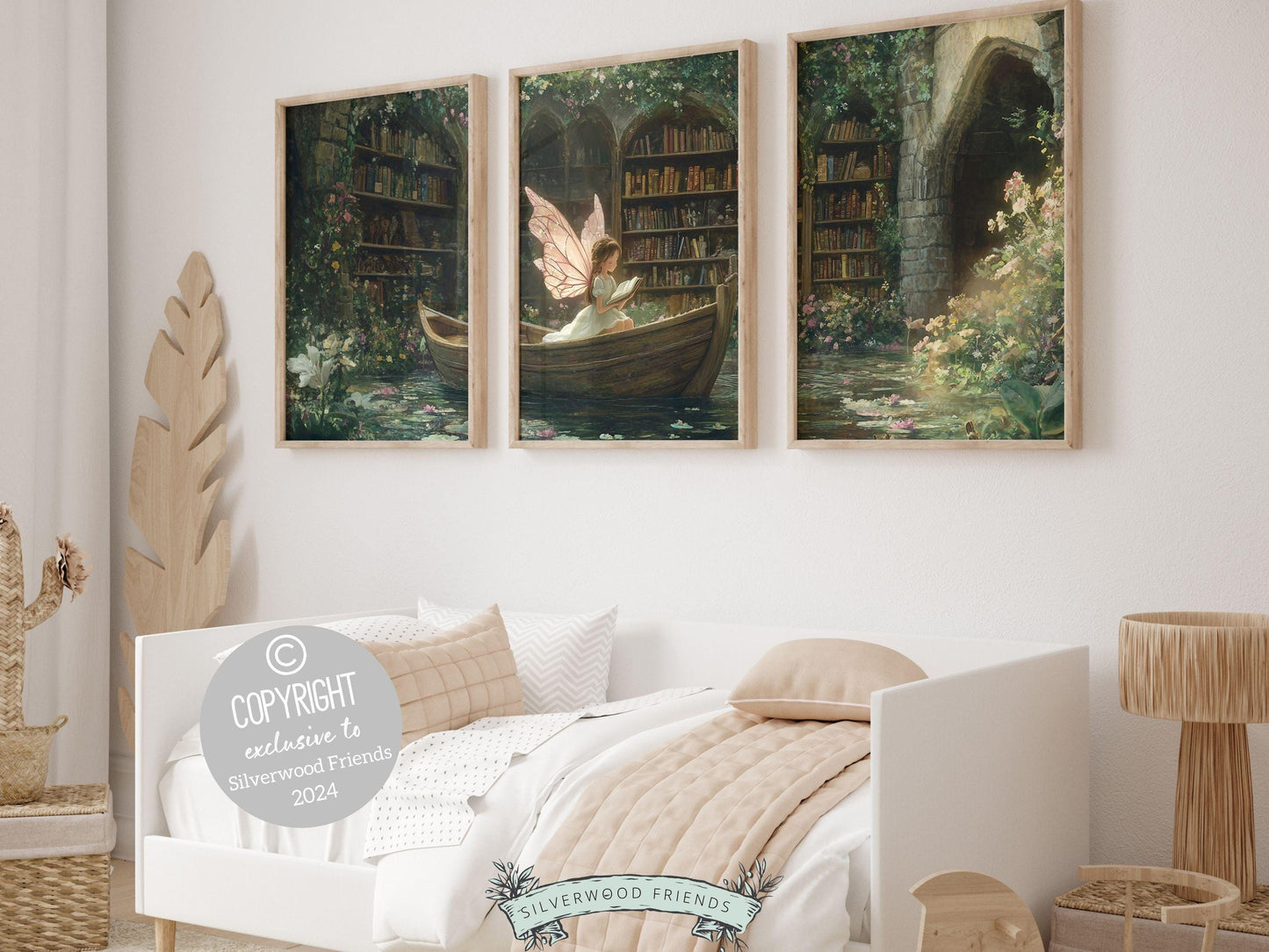Fairy Nursery Prints Set of 3 featuring a whimsical fairy reading a book in a boat, surrounded by wildflowers and books, all beautifully illustrated in a classic storybook style.