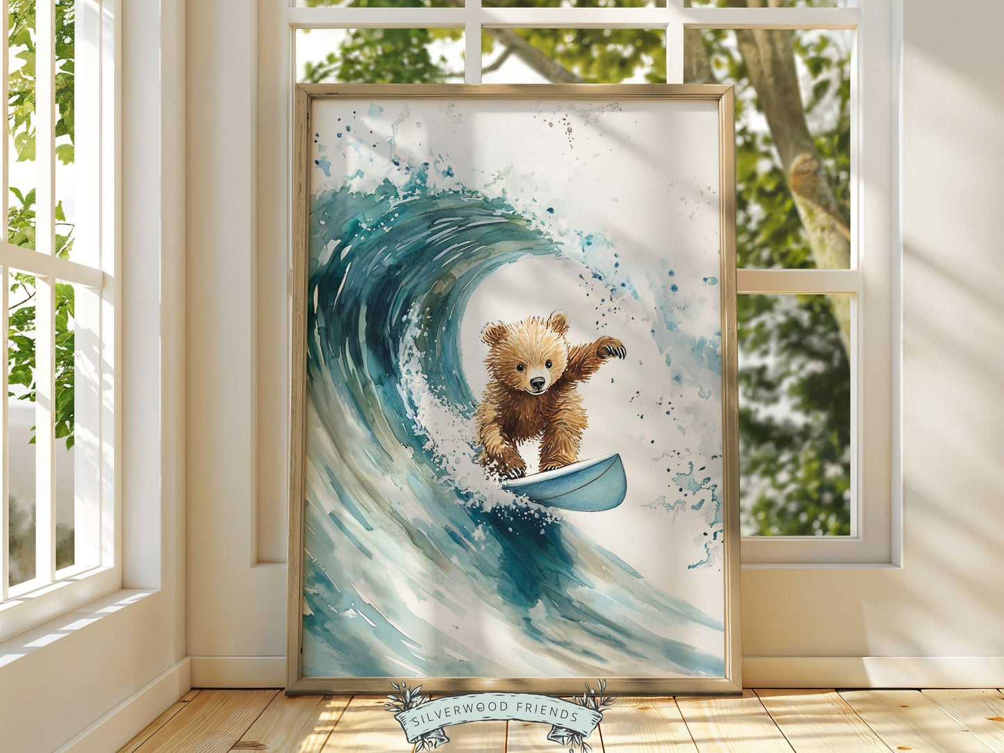 Bear Surfing Nursery Print, Coastal Beach House Surf Nursery Decor, Surfing Animal Nursery Wall Art, Kids Surf Room Wall Decor Digital Print