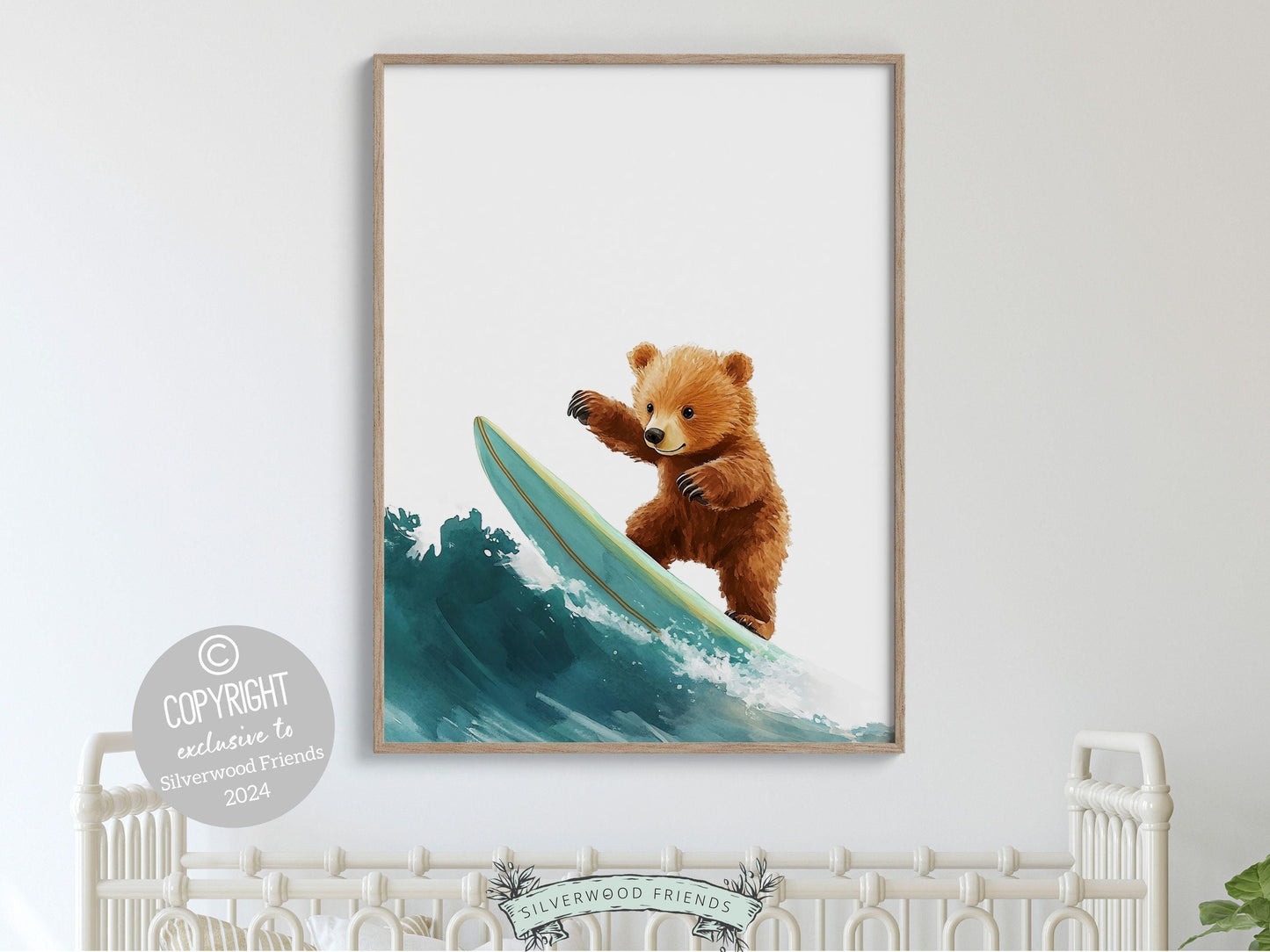 Bear Surfing Nursery Print, Coastal Beach House Surf Nursery Decor, Surfing Animal Nursery Wall Art, Kids Surf Room Wall Decor Digital Print