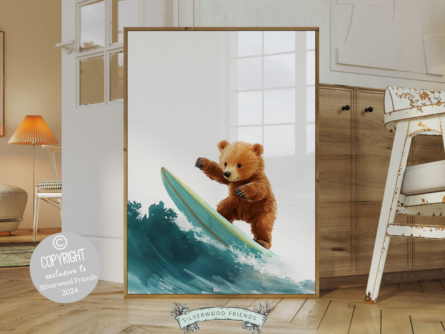 Bear Surfing Nursery Print, Coastal Beach House Surf Nursery Decor, Surfing Animal Nursery Wall Art, Kids Surf Room Wall Decor Digital Print