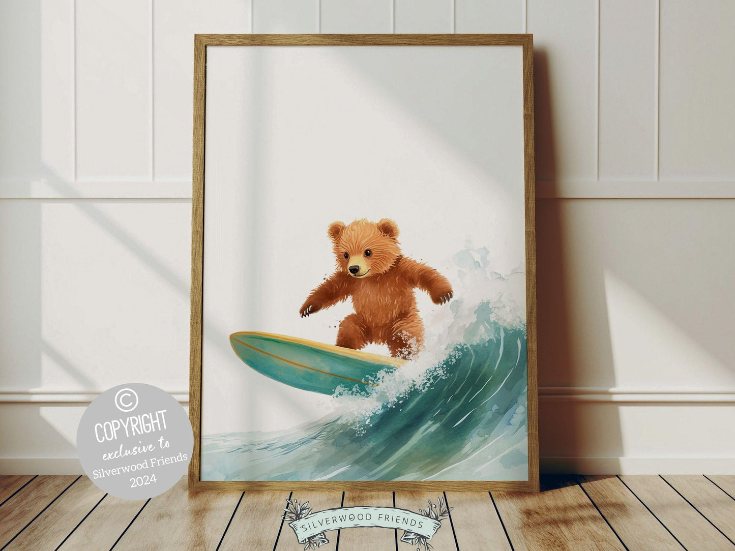 Our charming Bear Surfing Nursery Print showcases an adorable watercolor surfing brown bear, perfect for adding a playful touch to your bear or surfing themed nursery. It also makes a unique and thoughtful baby shower gift!