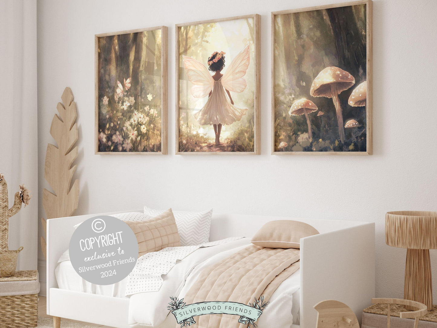Fairy Nursery Prints Set of 3 features an African American fairy strolling through a forest meadow filled with wildflowers and mushrooms, beautifully illustrated in a classic storybook style. Perfect for adding a whimsical touch to your nursery.